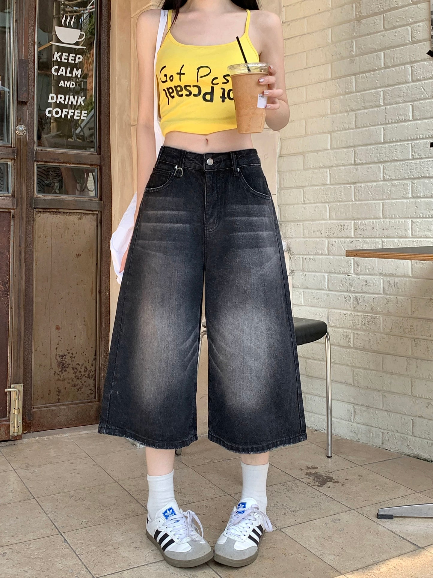 Kumikumi retro distressed washed jeans cropped trousers for women summer loose slim all-match straight wide-leg trousers