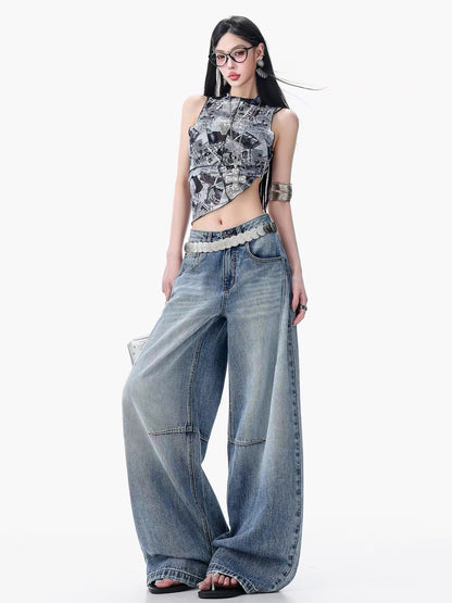 ABWLR Denim Stroll – Original minimalist low-rise wide-leg jeans; loose, slimming, and versatile blue style for women.