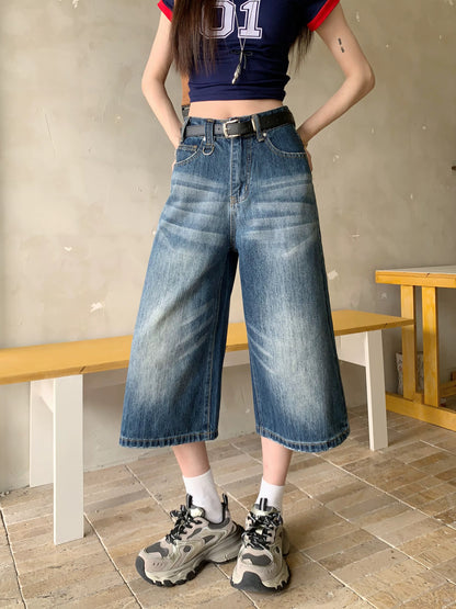 Kumikumi retro distressed washed jeans cropped trousers for women summer loose slim all-match straight wide-leg trousers