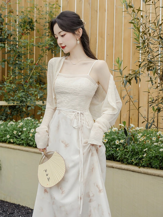 New Chinese style women's autumn skirt, sweet and spicy design suit, fairy style smudged suspender dress, fairy slimming