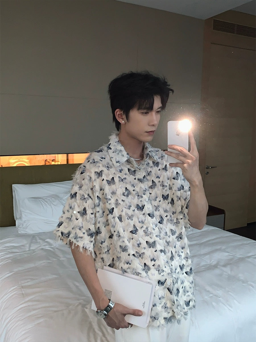 Hualun butterfly tassel shirt men's short-sleeved summer handsome versatile couple top 2024 new casual shirt