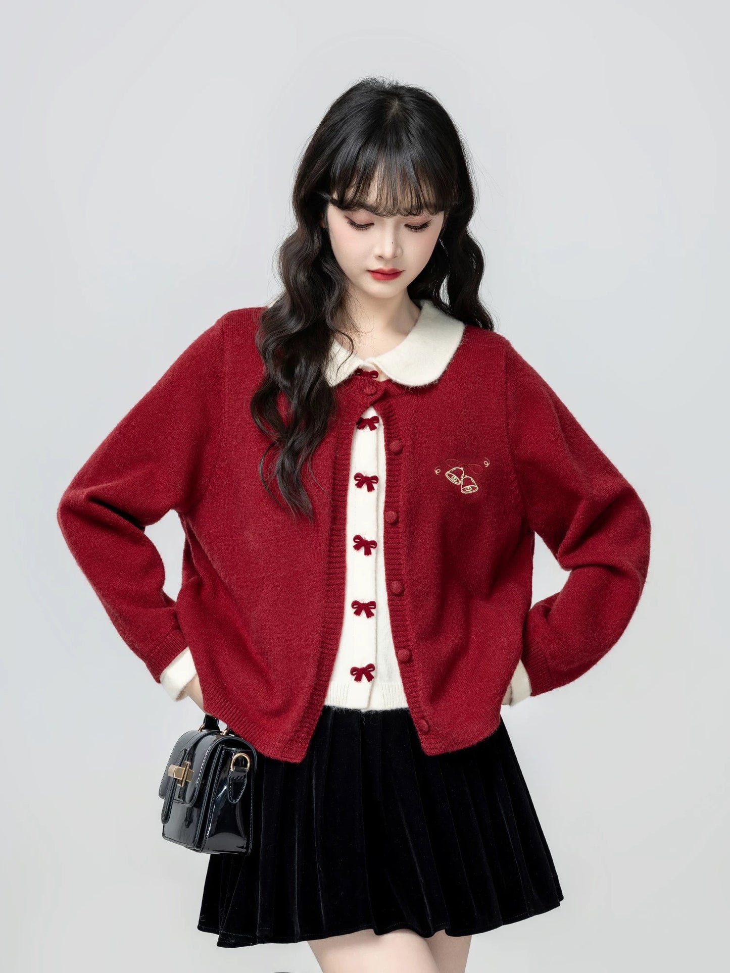 Red Christmas Collared Sweater Cardigan for Women, Autumn/Winter 2026 New Style, Faux Two-Piece Knitted Cardigan, Short Top