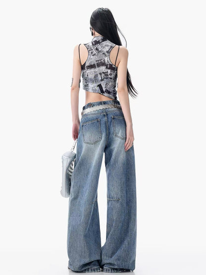 ABWLR Denim Stroll – Original minimalist low-rise wide-leg jeans; loose, slimming, and versatile blue style for women.