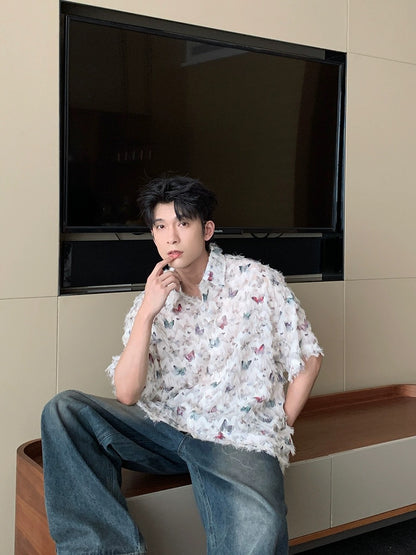 Hualun butterfly tassel shirt men's short-sleeved summer handsome versatile couple top 2024 new casual shirt
