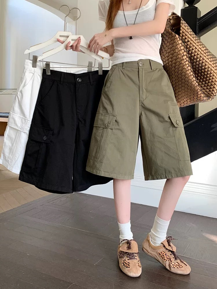 Kumikumi retro solid color design overalls casual pants women's summer loose slim straight pants cropped pants
