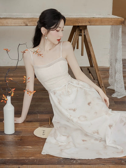 New Chinese style women's autumn skirt, sweet and spicy design suit, fairy style smudged suspender dress, fairy slimming