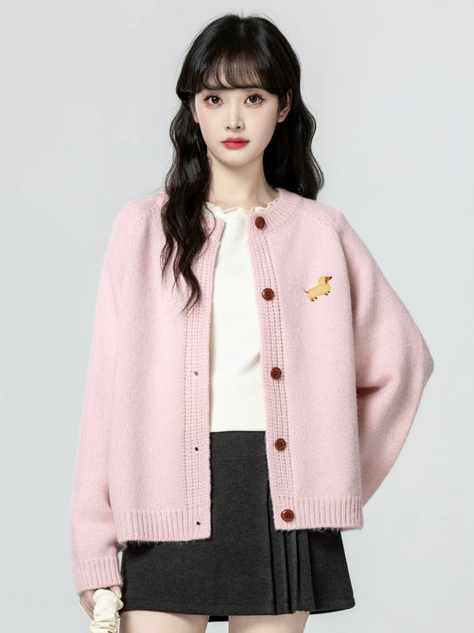 Light pink round neck sweater cardigan for women, spring and autumn 2026 new style, loose embroidered knit cardigan, soft and cozy top.