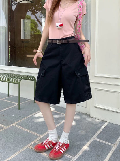 Kumikumi retro solid color design overalls casual pants women's summer loose slim straight pants cropped pants
