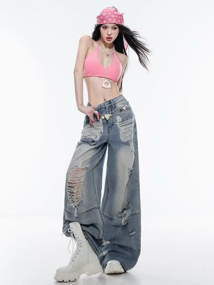 ABWLR Vibrant Summer – Original American Retro Distressed Wide-Leg Jeans: Loose, Slimming, Floor-Length Style for Women