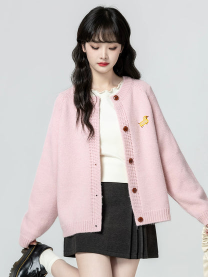 Light pink round neck sweater cardigan for women, spring and autumn 2026 new style, loose embroidered knit cardigan, soft and cozy top.