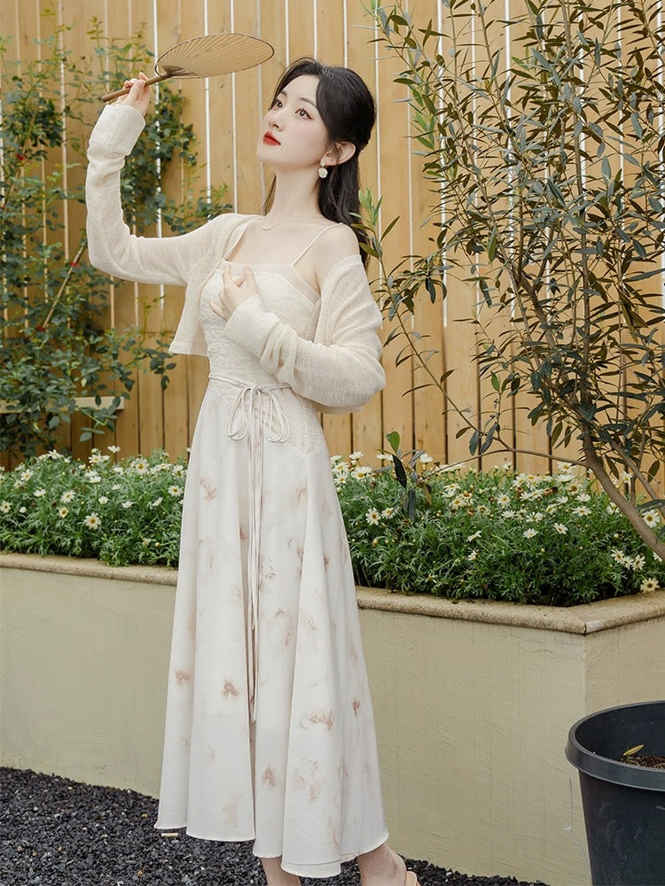 New Chinese style women's autumn skirt, sweet and spicy design suit, fairy style smudged suspender dress, fairy slimming