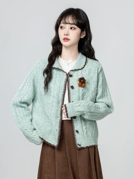 Women's Green Peter Pan Collar Sweater Cardigan, Spring and Autumn 2026 New Style, Three-Dimensional Floral Knit Cardigan, Short Top