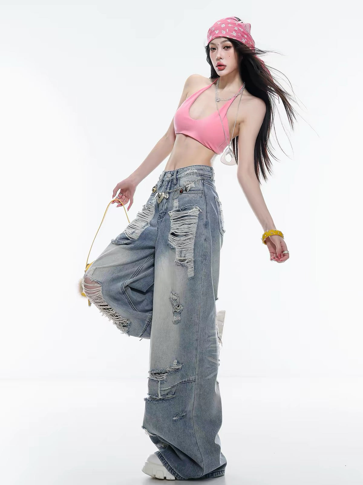 ABWLR Vibrant Summer – Original American Retro Distressed Wide-Leg Jeans: Loose, Slimming, Floor-Length Style for Women