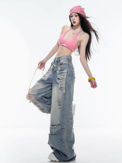 ABWLR Vibrant Summer – Original American Retro Distressed Wide-Leg Jeans: Loose, Slimming, Floor-Length Style for Women