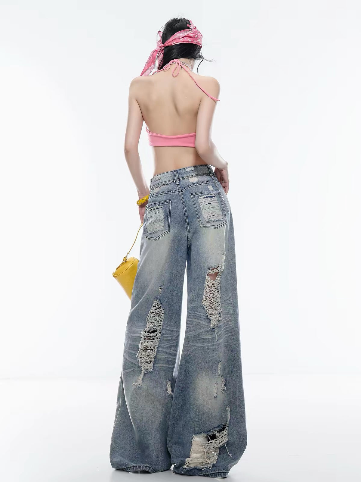 ABWLR Vibrant Summer – Original American Retro Distressed Wide-Leg Jeans: Loose, Slimming, Floor-Length Style for Women