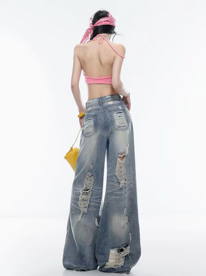 ABWLR Vibrant Summer – Original American Retro Distressed Wide-Leg Jeans: Loose, Slimming, Floor-Length Style for Women