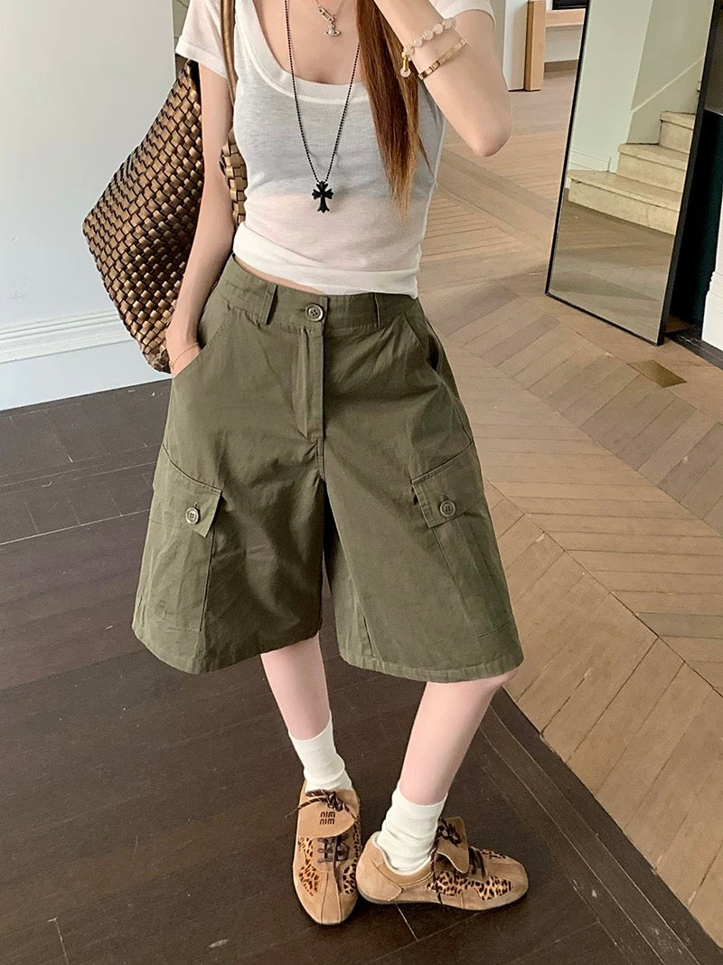 Kumikumi retro solid color design overalls casual pants women's summer loose slim straight pants cropped pants