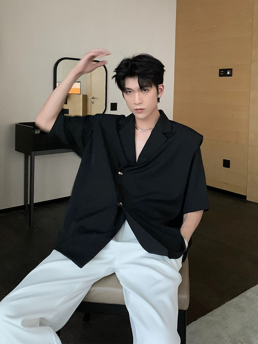 Hualun shirt jacket men's summer thin short-sleeved casual suit high-end handsome black fake two-piece shirt