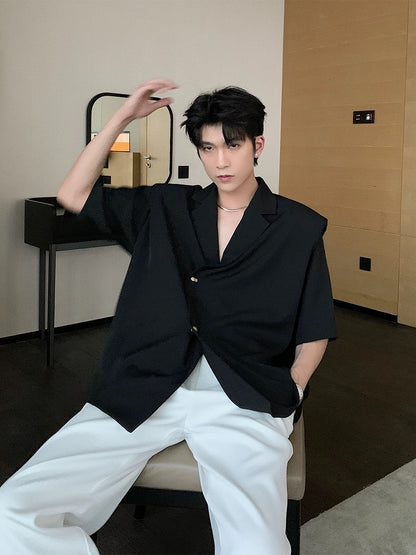 Hualun shirt jacket men's summer thin short-sleeved casual suit high-end handsome black fake two-piece shirt