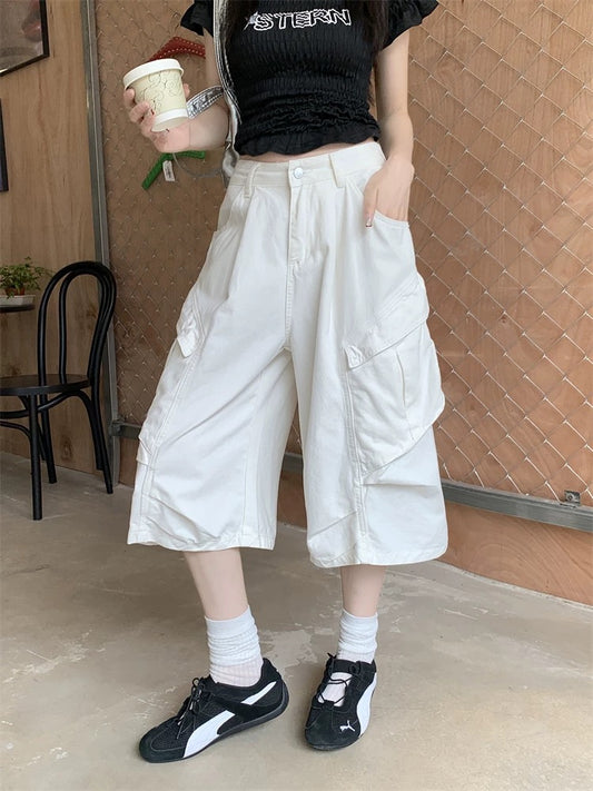 Kumikumi American style white design overalls jeans for women summer versatile loose straight pants cropped pants