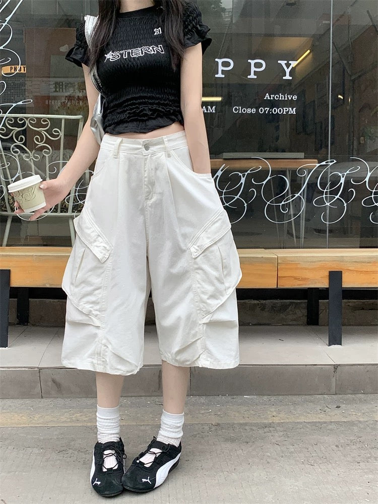 Kumikumi American style white design overalls jeans for women summer versatile loose straight pants cropped pants
