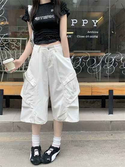 Kumikumi American style white design overalls jeans for women summer versatile loose straight pants cropped pants