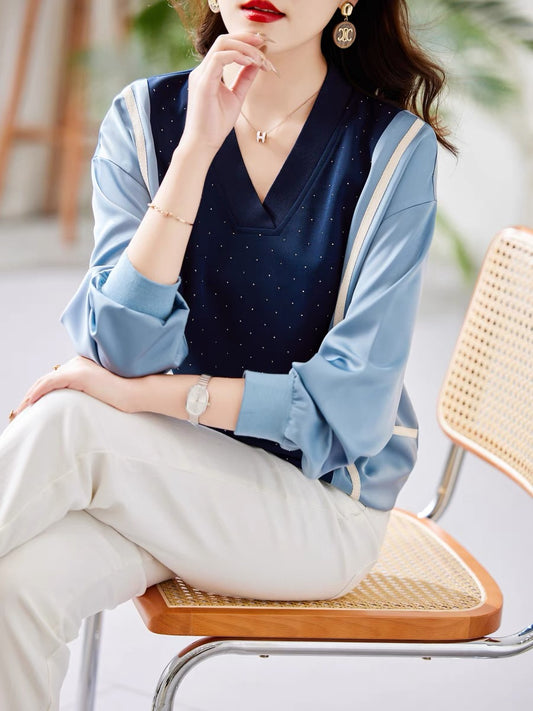 V-neck fake two-piece shirt for women spring 2024 new European style loose fashionable and chic shirt design top