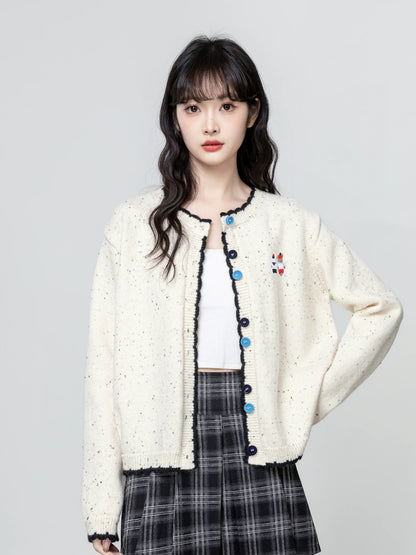 Color-blocked round neck knitted cardigan for women, 2026 spring and autumn new style, cartoon embroidered sweater jacket, short top.