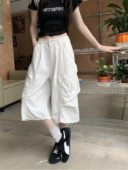Kumikumi American style white design overalls jeans for women summer versatile loose straight pants cropped pants