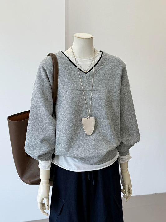 CHAO-level recommendation! Top autumn outfit~ Korean style gray contrast color V-neck design lazy layering long-sleeved sweatshirt for women