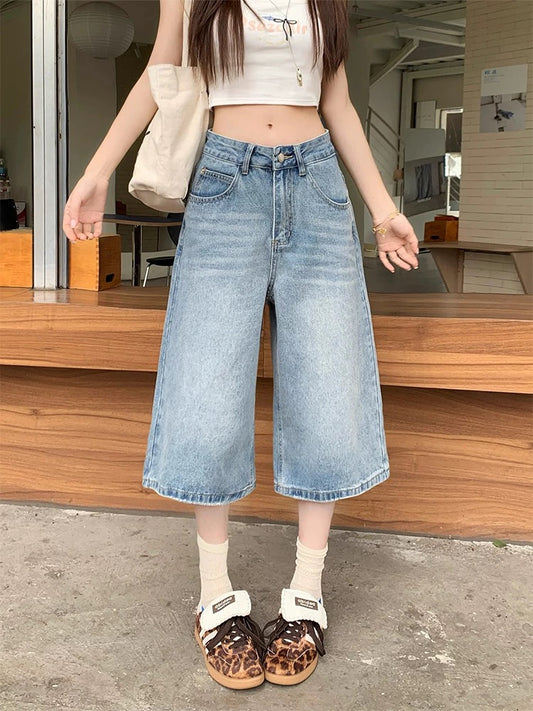 Light blue washed jeans for women 2025 summer slim all-match straight pants loose mid-length pants high waist cropped pants trendy