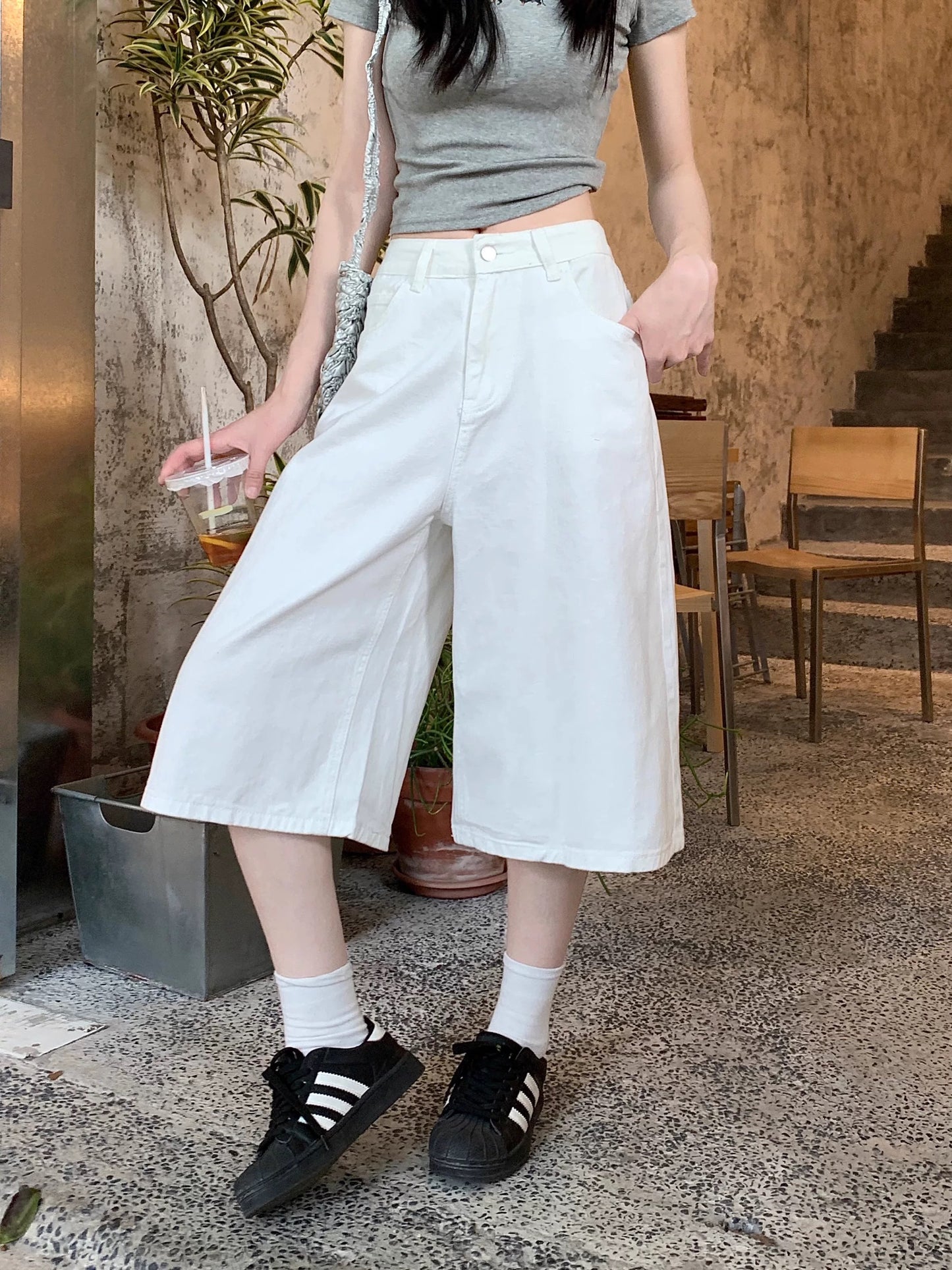 Light blue washed jeans for women 2025 summer slim all-match straight pants loose mid-length pants high waist cropped pants trendy