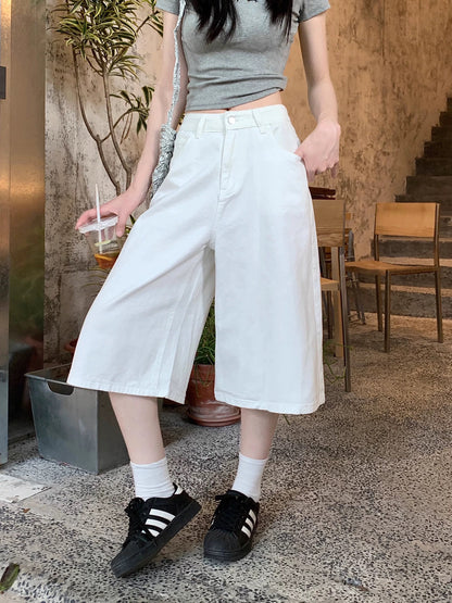 Light blue washed jeans for women 2025 summer slim all-match straight pants loose mid-length pants high waist cropped pants trendy