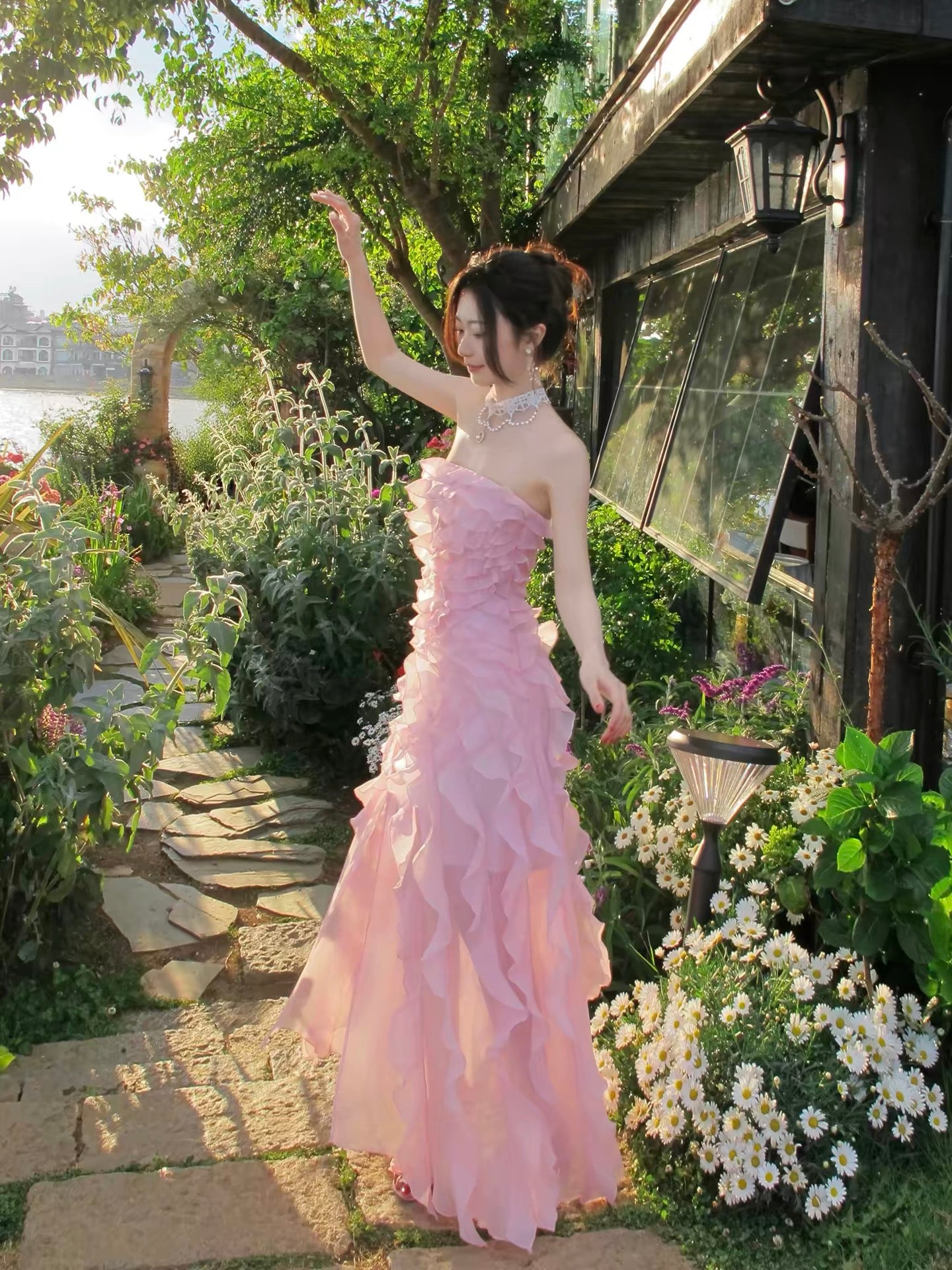 Good Job! [Poetry of Rose Petals] French Pink Ruffled Strapless Dress for Women's Day Dress