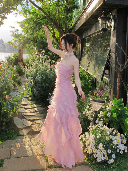 Good Job! [Poetry of Rose Petals] French Pink Ruffled Strapless Dress for Women's Day Dress