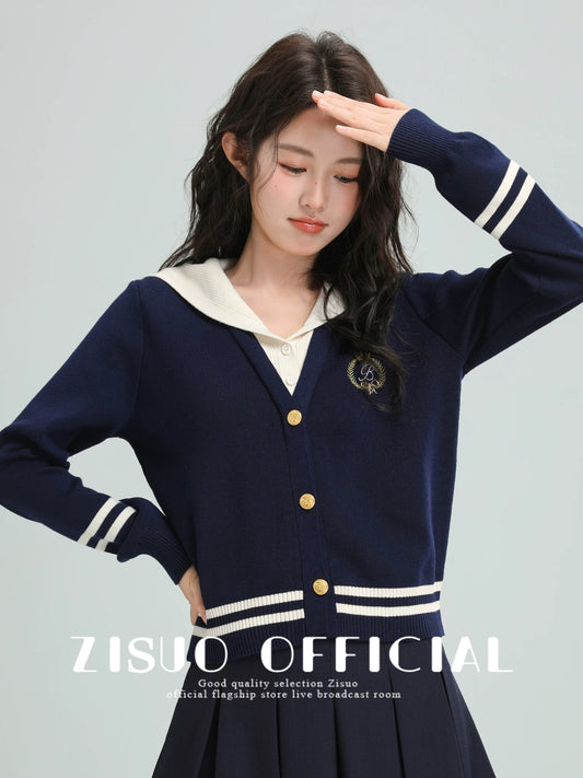 Navy blue sailor collar knitted cardigan for women, 2026 spring and autumn new style, preppy style, two-piece sweater, coat, short top.