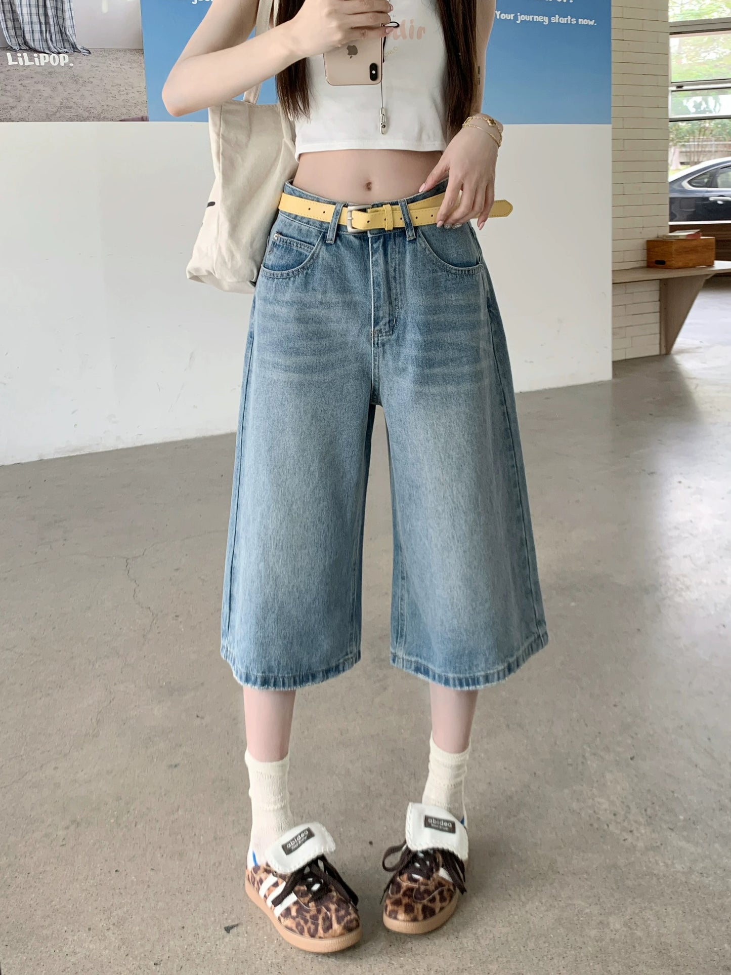 Light blue washed jeans for women 2025 summer slim all-match straight pants loose mid-length pants high waist cropped pants trendy
