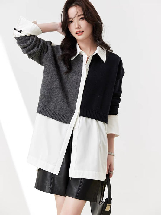 Spliced polo collar shirt for women spring and autumn 2024 new European style loose-fitting shirt design slimming top