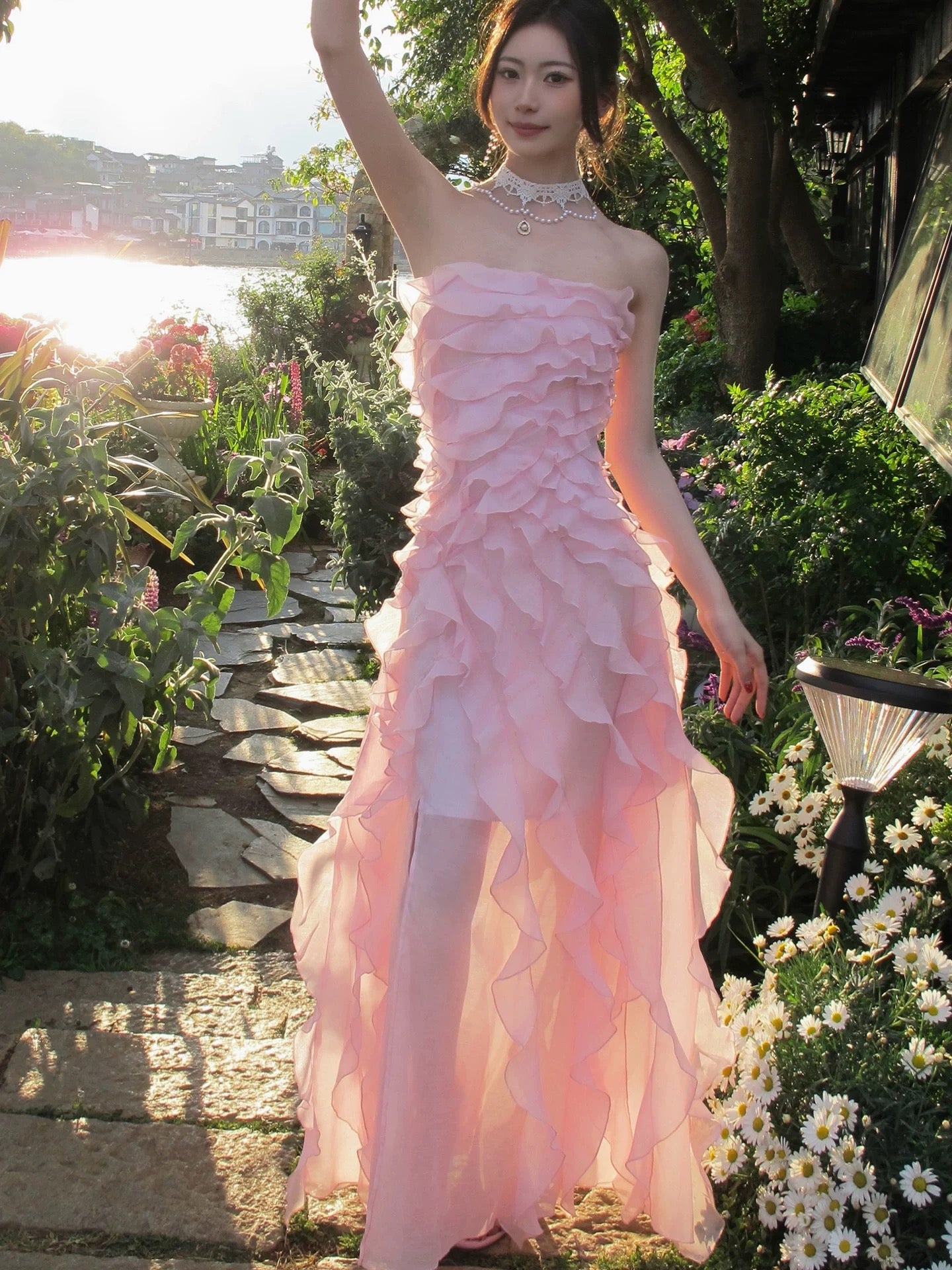 Good Job! [Poetry of Rose Petals] French Pink Ruffled Strapless Dress for Women's Day Dress