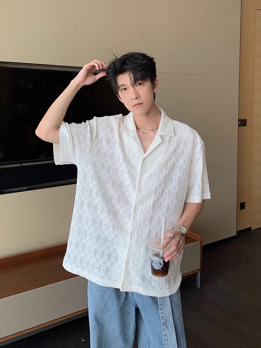 Hualun summer breathable handsome shirt boys short-sleeved high-end Cuban collar shirt summer casual couple shirt