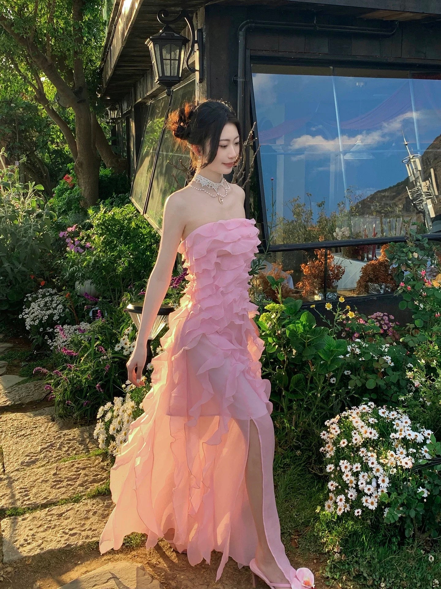 Good Job! [Poetry of Rose Petals] French Pink Ruffled Strapless Dress for Women's Day Dress