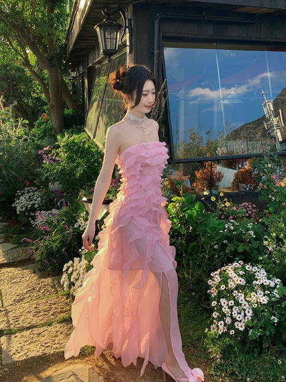 Good Job! [Poetry of Rose Petals] French Pink Ruffled Strapless Dress for Women's Day Dress