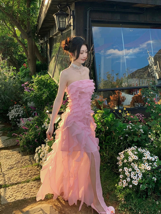 Good Job! [Poetry of Rose Petals] French Pink Ruffled Strapless Dress for Women's Day Dress