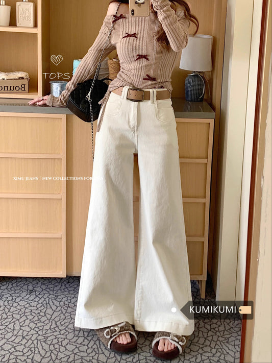 American retro high waist flared jeans wide leg pants women's summer high waist white flared pants mopping casual pants