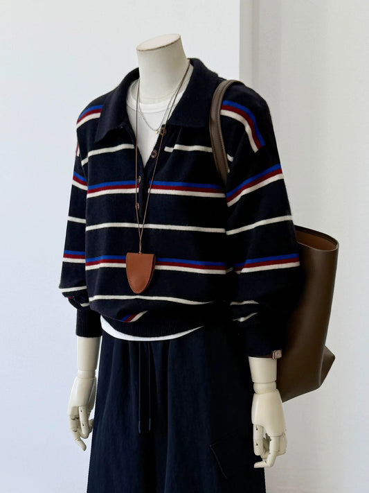 CHAO-level recommendation! Winter outfit ~ Navy blue contrast striped Polo collar atmosphere long-sleeved knitted sweater