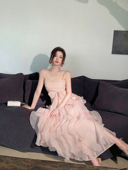 Good Job! 【Fragrance of Flowers in the Breeze】French-style Pink Sleeveless Strapless Dress, Strapless Vacation Birthday Gown