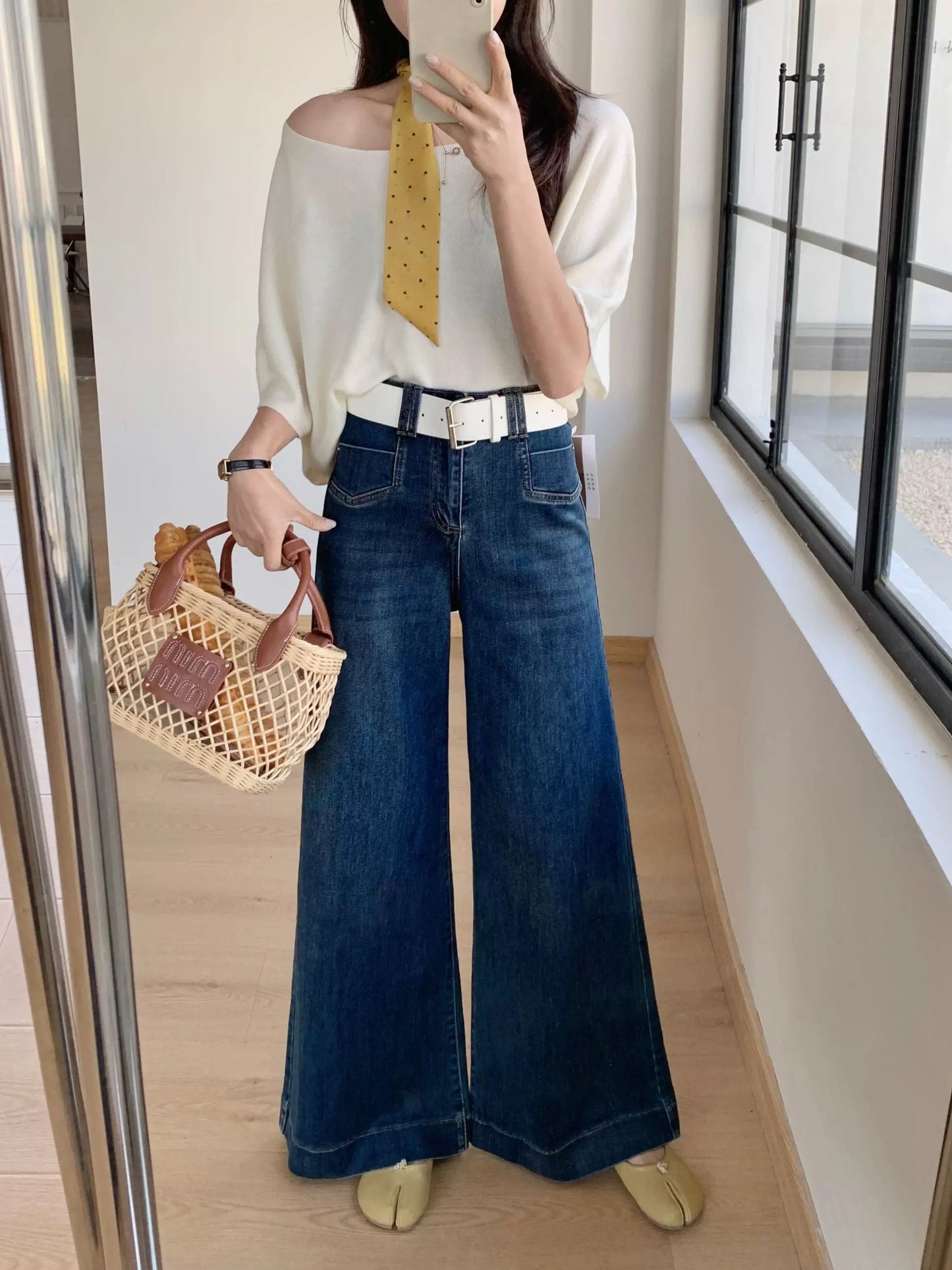 American retro high waist flared jeans wide leg pants women's summer high waist white flared pants mopping casual pants