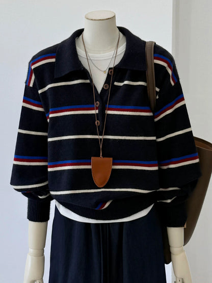 CHAO-level recommendation! Winter outfit ~ Navy blue contrast striped Polo collar atmosphere long-sleeved knitted sweater