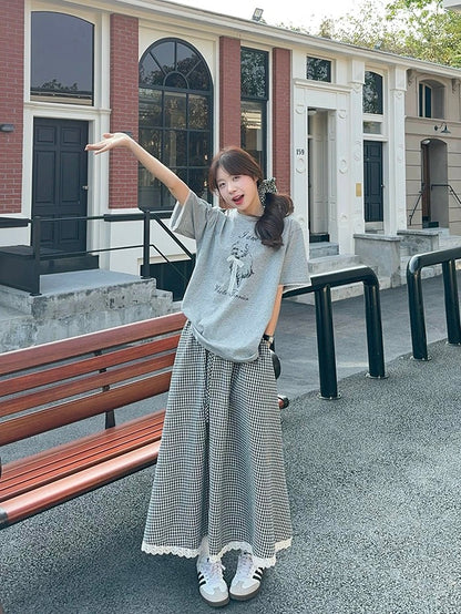 Kumikumi lazy style suit for women cute dog print short-sleeved T-shirt summer plaid skirt two-piece suit