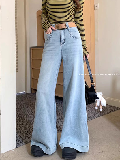 American retro high waist flared jeans wide leg pants women's summer high waist white flared pants mopping casual pants